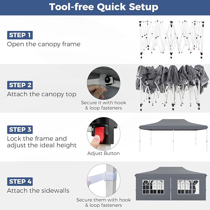 Tangkula 10x20 Ft Pop Up Canopy, UPF 50+ Portable Outdoor Canopy Tent with with 6 Removable Sidewalls, 6 Sandbags, 2 Zippered Door, Windows, Carrying Bag for Party, Wedding, Backyard