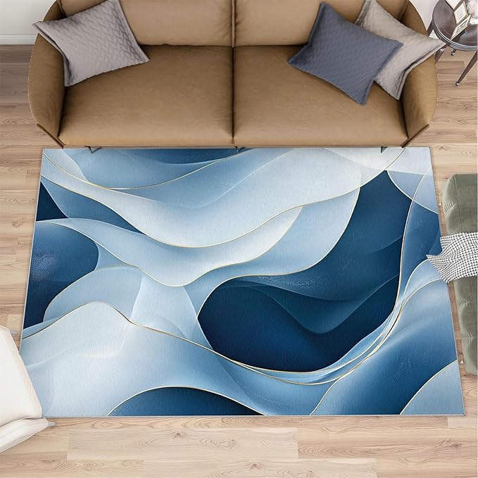4x5 Abstract Lines Indoor Outdoor Rug - Blue-White-Waves Bedside Rug, Modern Abstract Washable Entry Way Rugs Kids Carpet for Inside House Playroom Living Room End Table Nursery