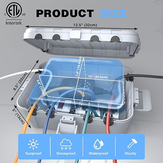 Flemoon Outdoor Electrical Box Waterproof, IP54 Waterproof Extension Cord Cover, Protect Outlet, Plug, Socket, Timer, Power Strip, Holiday Light, Large Weatherproof Connection Box, Light Grey