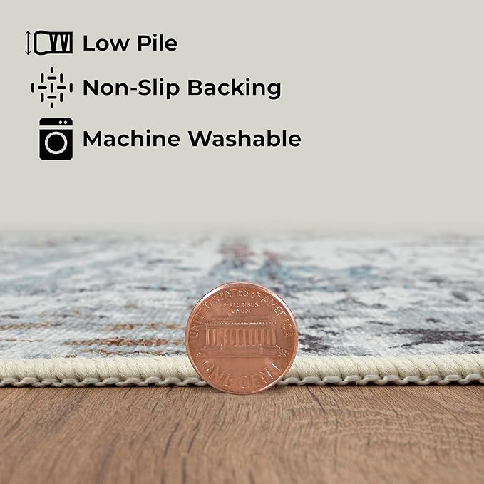 GLN Rugs Contemporary Collection - Machine Washable Area Rug, Contemporary Washable, Non Slip, Low Pile Chenille Rug, Living Room, Bedroom, Kitchen Rug (2' x 3' White/Grey/Blue/Brown)
