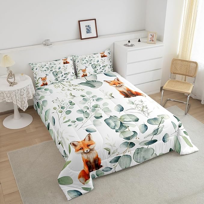 Erosebridal Girls Cartoon Animal Full Bedding Sets for Kids Toddler Kawaii Fox Comforter Set, Woodland Wildlife Bedding Comforter Sets Jungle Wild Fox Duvet Insert, Green Eucalyptus Down Comforter