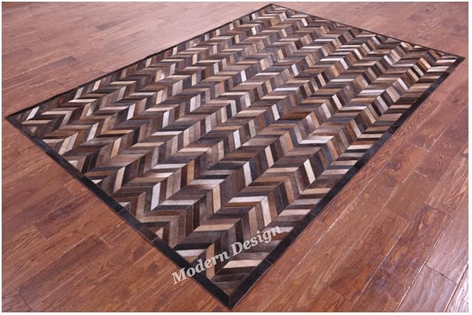 Modern Design Premium Cowhide Leather Carpet with Chevron Pattern, Area Rug (Natural Multi Brown, 9x15)