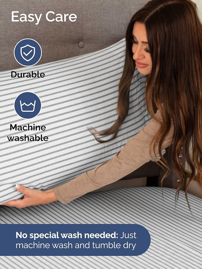 Extra Deep Cal King Sheet Set - 6 Piece Breathable & Cooling Sheets - Hotel Luxury Bed Sheets Set - Easy Fit - Soft, Wrinkle Free & Comfy Sheets Set - Grey Striped Sheet Set with Extra Deep Pockets
