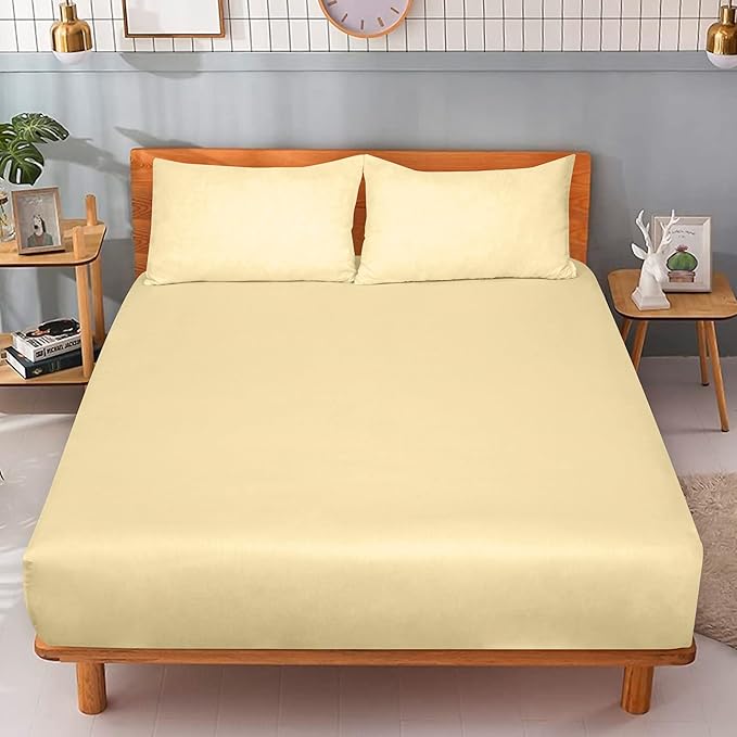 ROYALE LINENS 300 Thread Count 100% Long Staple Combed Cotton Fitted Sheet Queen - Super Soft Deep Pocket Bottom Sheet - Fitted Sheets Only - Elastic Sheets (Queen, Light Yellow)