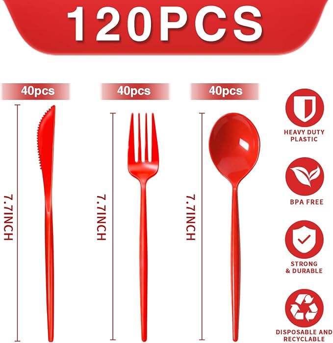 Gudvilla 120pcs Red Plastic Silverware Set Sturdy Red Utensils Disposable Plastic Cutlery Heavy Duty includes Forks and Spoons and Knives Sets for Valentines Day Birthday Graduation Chinese New Year