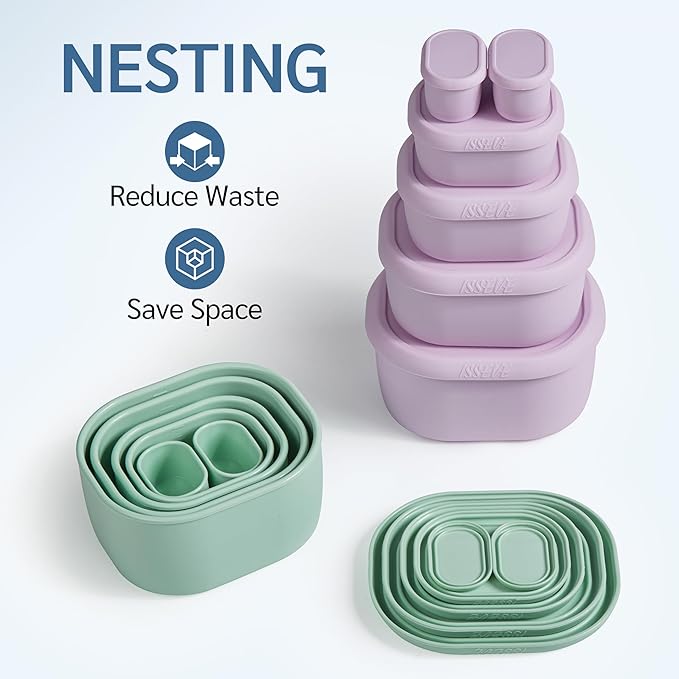 ISSEVE 12Pcs/Set Nesting Silicone Food Storage Containers with Lids, BPA Free Reusable Meal Prep Silicone Containers Airtight, Freezer Dishwasher Safe (33.8oz, 20oz, 10oz, 6.7oz, 1.3oz) (Green)
