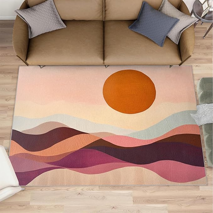 Boho Sun Area Rugs 3x4ft, Minimalist Line Kids Bedroom Rug, Geometric Solar Bedside Rug Durable Non Slip for Cafe Living Room Under Table Boys Room Decor