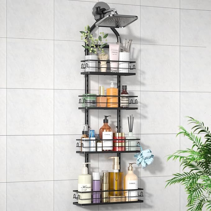 Shower Caddy Hanging Rustproof, 4 Tier Adjustable Hanging Shower Caddy Over Showerhead, No Drilling Handing Shower Racks for Bathroom Shampoo Soap Storage