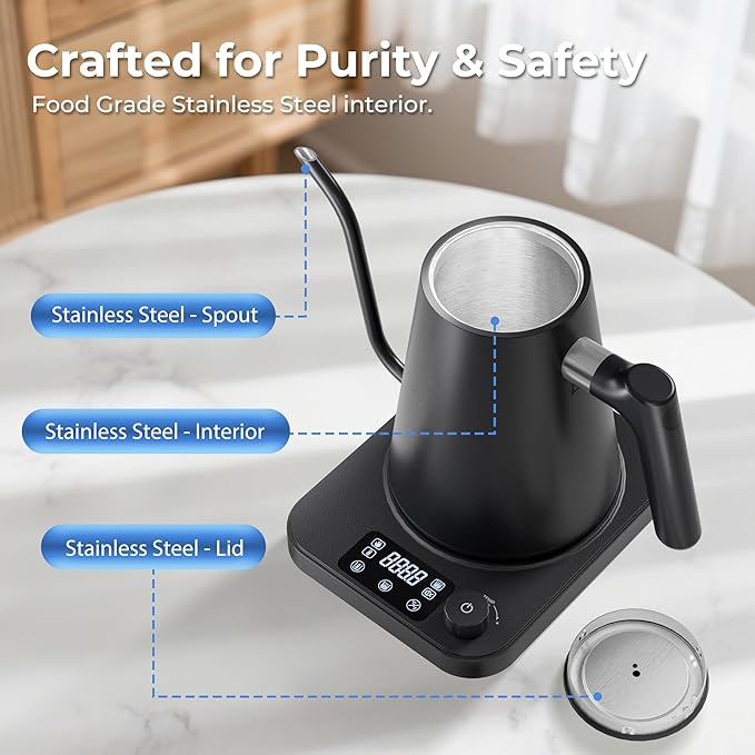 AGORVIO Gooseneck Electric Kettle, ±1°F Temperature Control Electric Kettle, 1.0L 1200W Fast Heating, 24H Keep Warm, 30Min Auto Memory, Food Grade Stainless Steel, Pour Over Kettle for Coffee and Tea