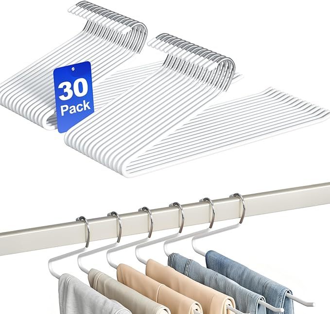 30 Pack Open Ended Metal Pant Hangers, Space Saving Non Slip Clothes Hangers for Pants Jeans Suit Trousers, Heavy Duty Closet Organizer Storage Rack for Men Women（Stainless Steel）