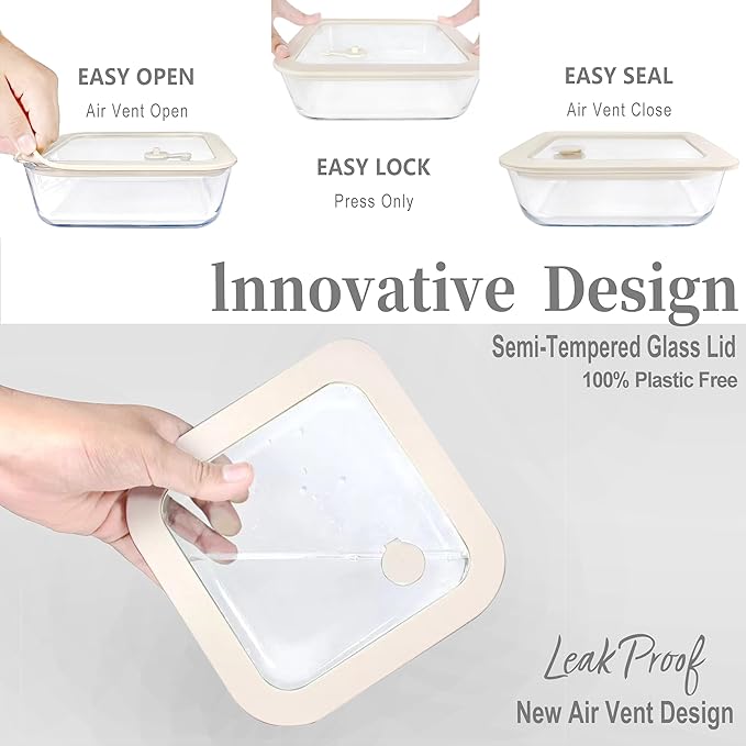 Urban Green Glass Food Container Set with Glass Lid, 6 Pack, Food Storage Containers Set, Airtight, LeakProof, Micowave Safe, 100% Plastic Free, Meal Prep Containers (White Color)