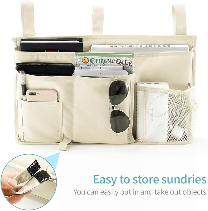 Bseash Bunk Bed Organizer, Bedside Caddy Hanging Bed Organizer Storage Bag 8 Pockets, for College Dorm Rooms Bed, Hospital Bed, Baby Bed Rails, 600D Oxford Cloth (Beige)