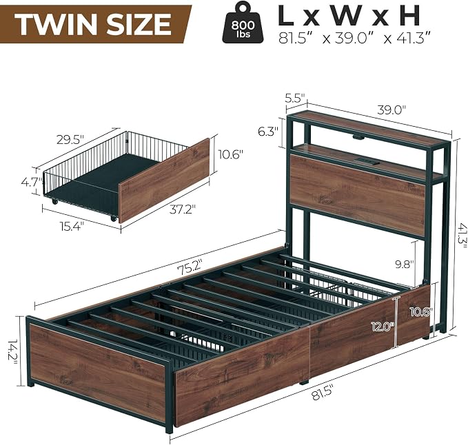 Rolanstar Twin Bed Frame with 4 Storage Drawers & 2-Tier Storage Headboard