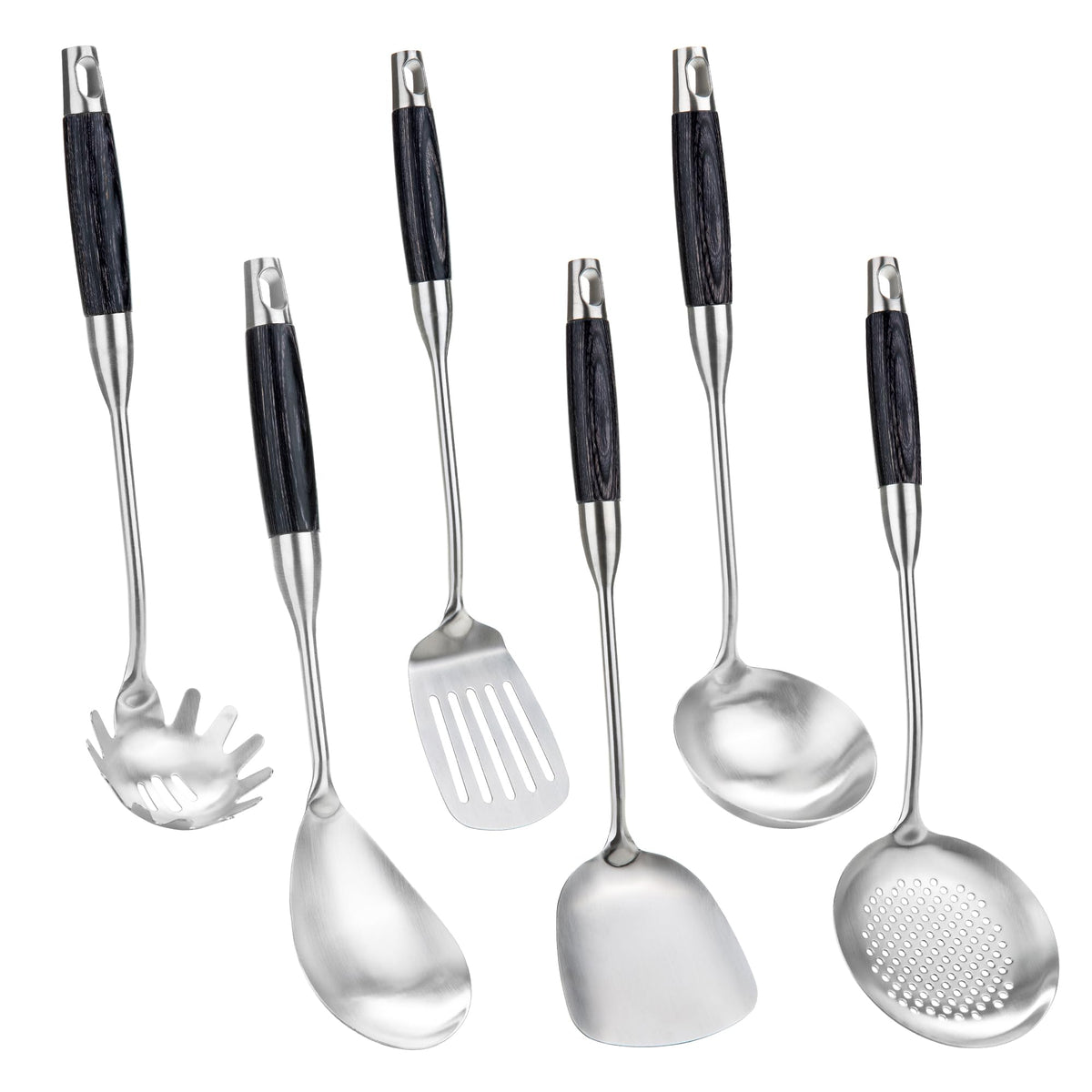 FJNATINH Stainless Steel Kitchen Utensils, Set of 6 Cooking Tools with Wooden Handle, Wok Spatula, Soup Ladle, Skimmer Spoon, Slotted Spatula Turner, Spaghetti Server, Solid Spoon