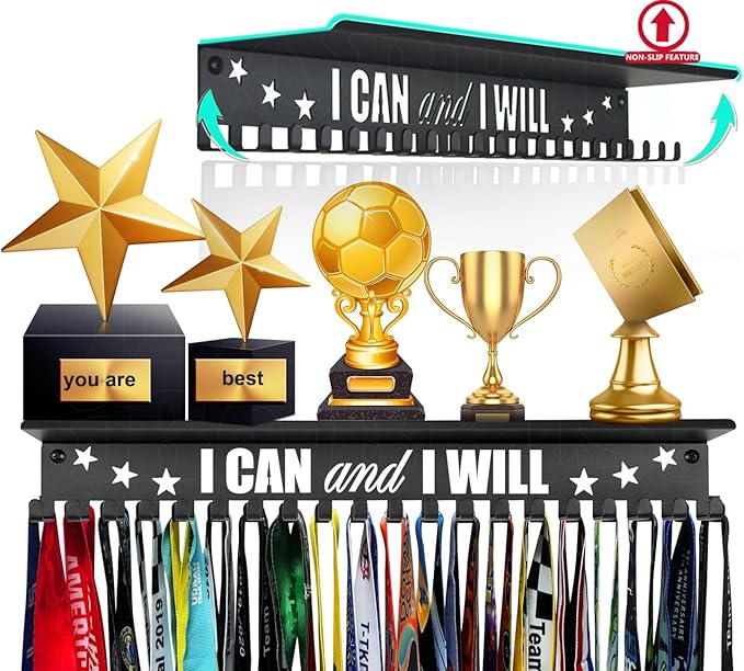iBobbish Metal Medal Hanger Display,Non-Slip Trophy Shelf with 20 Hooks,Wall Mount,Heavy Duty,Non-Bent,Holds 22-33lbs,for Gymnastics,Race,Soccer,Swim