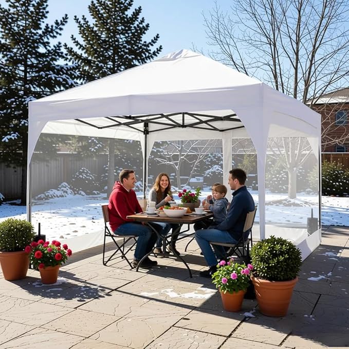 10x10 FT Pop Up Canopy with 4 Clear PVC Sidewalls, Instant 1-Button Push Canopy Tent for Outdoor Activities & Events