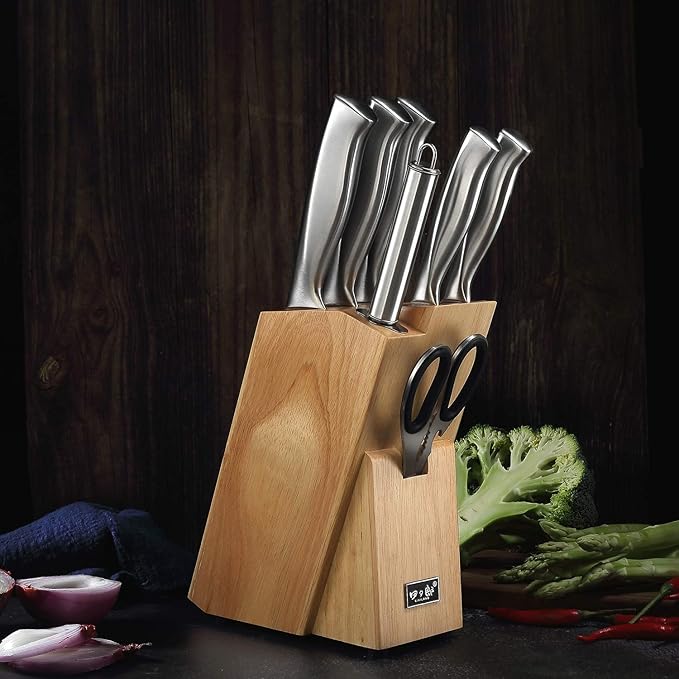 SIXILANG Knife Set, 8 Piece German Stainless Steel Hollow Handle Manual Knife Sharpener Forged Kitchen Knives Set with Oak Wooden Block Gift