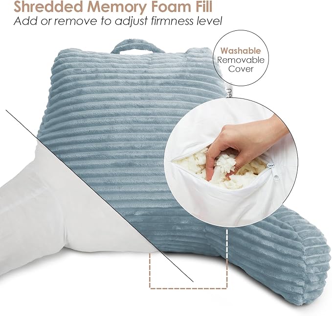 Hearth & Harbor Reading Pillow for Bed Adult – Back Pillow for Sitting in Bed, Standard Bed Pillows for Sitting Up in Bed, Foam Bed Chair Pillow, Stone Blue Bed Rest Pillow