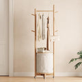 CycleCrew Solid Wood Coat Rack with Fabric Basket - Freestanding Coat Rack Rolling Coat Tree with 9 Hooks Wheels, Small Clothes Rack For Entryway Bedroom Hallway Living Room