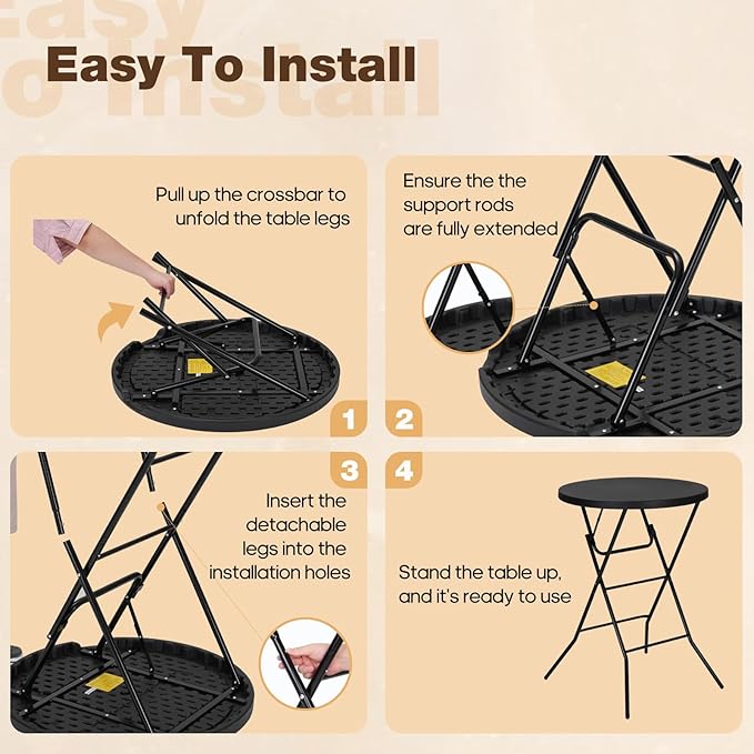 32" Round Folding Table, Portable Bar Height Folding Table with Detachable Legs, Round Foldable Table with HDPE Top for Standing Parties, Balcony, Event, Indoor Outdoor Use (Black, 2 Pack)