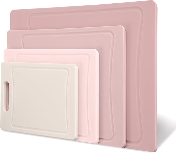 COOK WITH COLOR Non-Slip Cutting Board Set – Kitchen Essentials with Easy Grip Handle for Meat, Veggies, and Fruits, 4 Cutting Boards, Pink