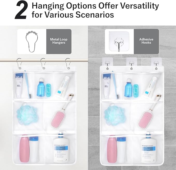 F-color Cruise Essentials 2026 - Mesh Shower Organizer Hanging with 7 Pockets for RV Gym Camping, Quick-Dry Portable Toiletry Bag with Metal Hooks for Bathroom Travel Toiletries, White