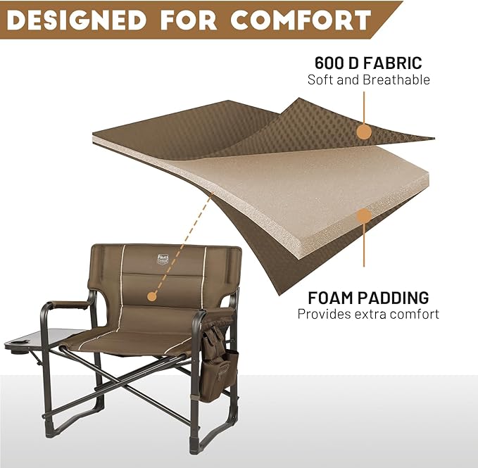 TIMBER RIDGE XXL Upgraded Oversized Directors Chairs with Foldable Side Table, Detachable Side Pocket, Heavy Duty Folding Camping Chair up to 600 Lbs Weight Capacity (Brown) Ideal Gift, 2 Pack