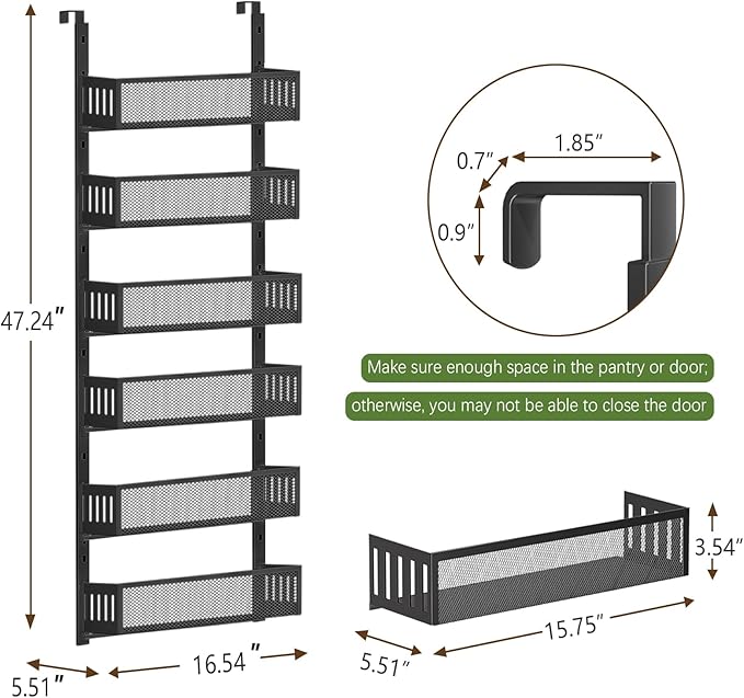 6-Tier Over The Door Pantry Organizer with Mesh Baskets, Adjustable & Stable Hanging Spice Rack for Kitchen, Bathroom, Bedroom, and Baby Essentials Storage (16" W 6-Tiers, Black)