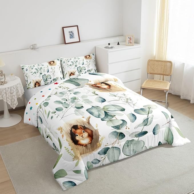 Erosebridal Kawaii Squirrel Bedding Toddler Size for Boys Girls Cartoon Animal Comforter Set, Eucalyptus Leaves Duvet Insert Jungle Wildlife Quilt Comforter, Tropical Plants Bedding Comforters & Sets