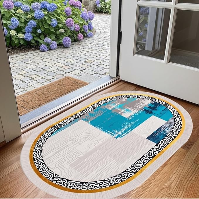 Vintage Luxury Grey Blue Gold Abstract Geometric Texture Oval Area Rug 12x15 for Living Room Bedroom Dining Room Minimalist Bordered Large Rugs Nursery Dorm Kitchen Entryway Soft Non Skid Floor Carpet