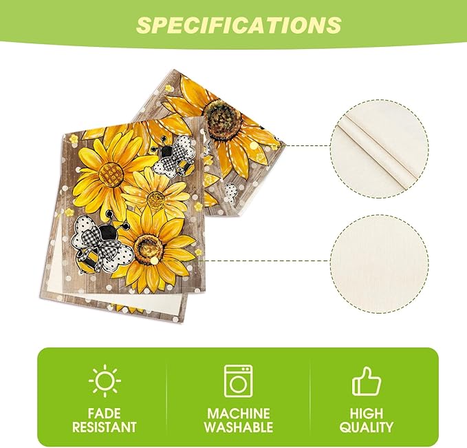 Artoid Mode Wood Sunflower Bee Flower Polka Dot Summer Table Runner, Seasonal Kitchen Dining Table Decoration for Home Party Decor 13x120 Inch