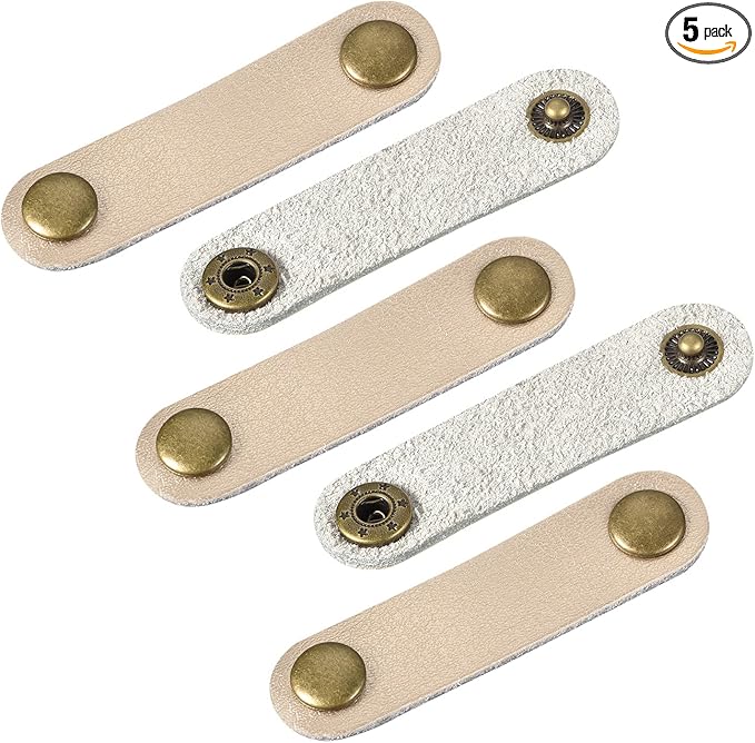 MECCANIXITY Pack of 5 Leather Cable Straps Cord Organizer 63x16mm Portable Cable Leather Clips Golden Earphone Cord Management for Cable, Wire