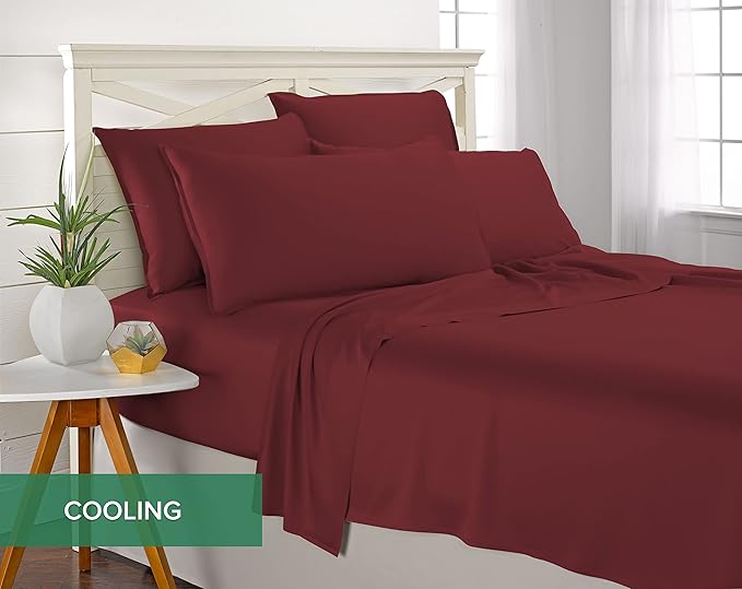 Pure Bamboo Split King Sheets, Genuine 100% Organic Viscose Derived from Bamboo Bed Sheet Set, Soft & Cooling, Double Stitching, 2 Fitted Sheets (Split King, Merlot)