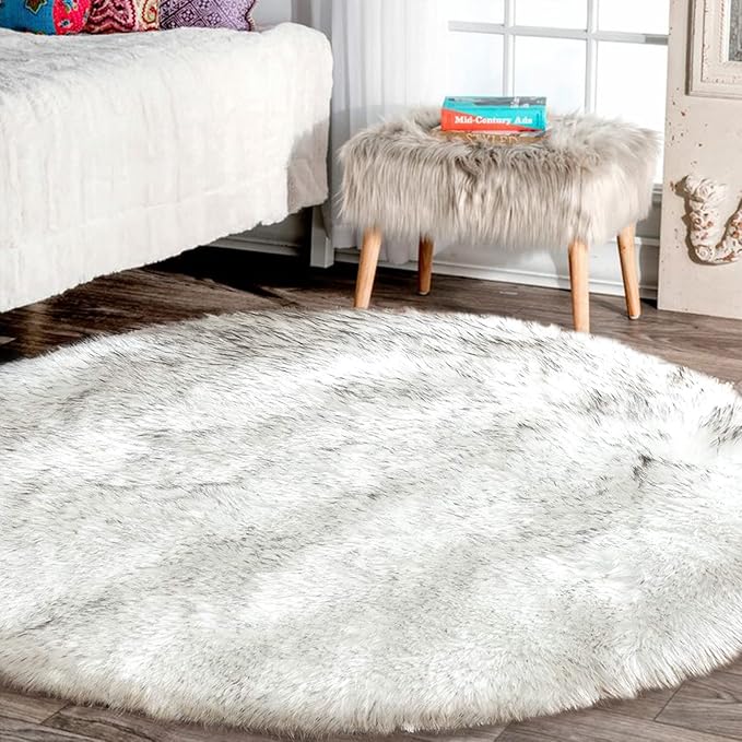 Latepis Large Circle Area Rugs for Living Room Round Rug 8ft Fluffy Bedroom White with Grey Tips Shaggy Rug Washable Shag Faux Fur Fuzzy Rug for Living Room