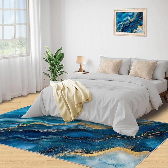 Blue Gold Marble Rugs for Bedroom - 4x6 Area Rug - Modern Fashion Marble Rugs for Living Room, European Light Luxury Art Rug, Washable Home Decor Carpet