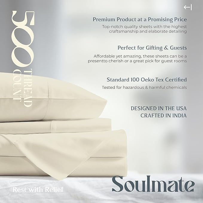 Mayfair Linen 100% Cotton Bed Sheets Queen Set - 500 Thread Count Cotton Sheets for Queen Size Bed, 4 PC Set (Sand), Ultra Soft, Cooling, Sateen Weave 16" Deep Pocket Bedsheet for Hot Sleepers