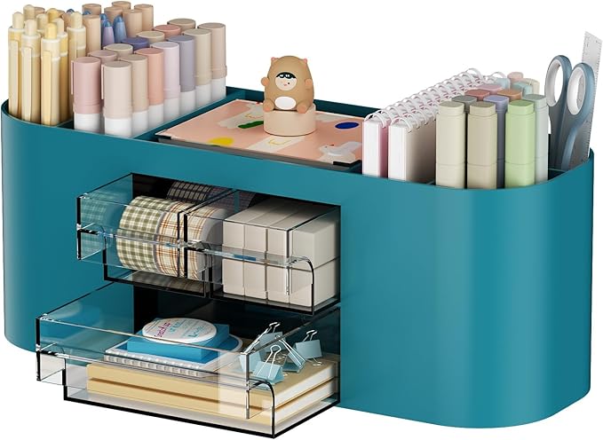 Marbrasse Pen Holder for Desk with 3 Drawers, Multi-Functional Pencil Holder, Desk Organizers and Accessories with 7 Compartments for Home, School, Classroom (Dark Green)