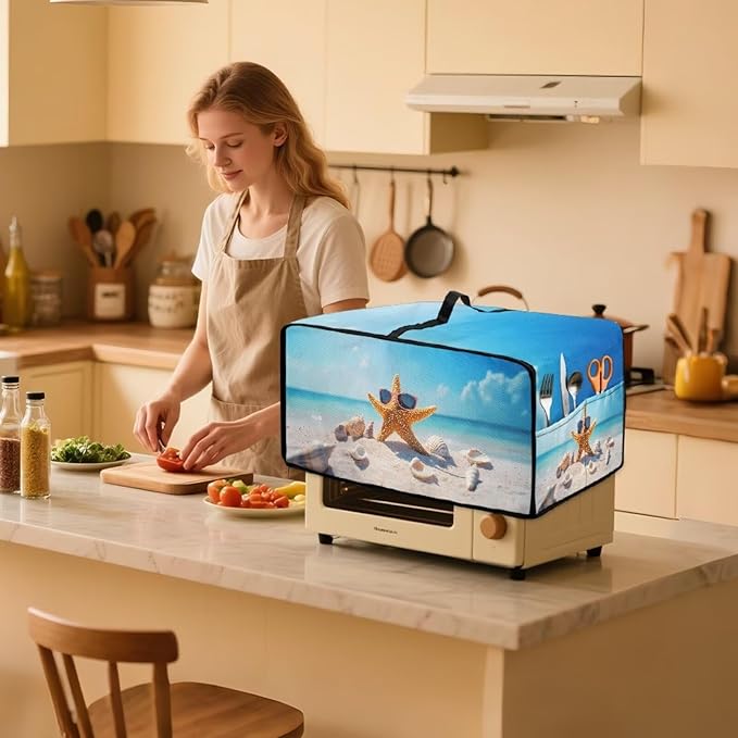 Dust Cover for Microwave Oven Heavy Duty Microwave Oven Cloth Cover with Storage Pockets Foldable Dust-Proof Kitchen Appliance Protector, Starfish Sunglasses Beach Seashell Print, M