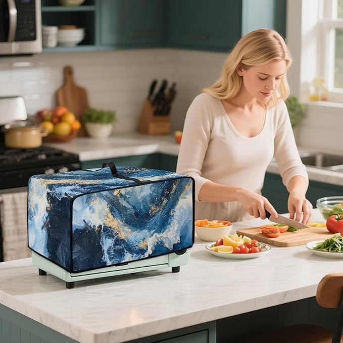 Blue Golden Marble Texture Print Microwave Oven Cover Dust-Proof Polyester-Linen Fabric Toaster Oven Cover Easy to Clean Microwave Grill Cover Protector with Top Handle, L
