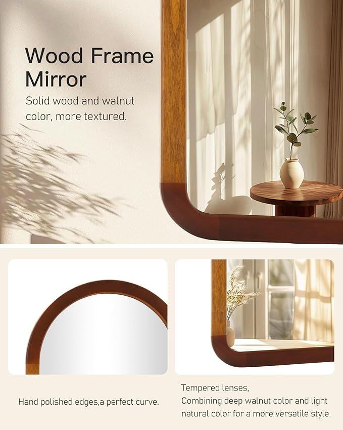 Arched Mirror 24 x 36 Inch,Brown Wood Rustic Bathroom Tempered Wall Mirror with Wood Frame,Round Corner Arch Farmhouse Wooden Vanity Mirror for Living Room,Entryway or Bedroom（Walnut Brown）