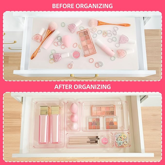 Kitchen Desk Drawer Organizers Storage for Office, Small Acrylic Vanity Trays Makeup Organizer for Drawer Bathroom Plastic Make up Organizers 25 Pcs Pink