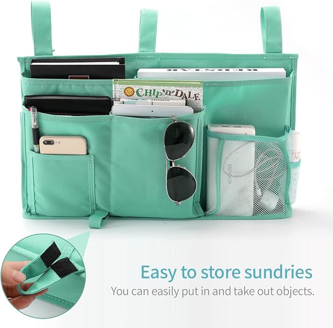 Bseash Bunk Bed Organizer, Bedside Caddy Hanging Bed Organizer Storage Bag 8 Pockets, for College Dorm Rooms Bed, Hospital Bed, Baby Bed Rails, 600D Oxford Cloth (Light Green)