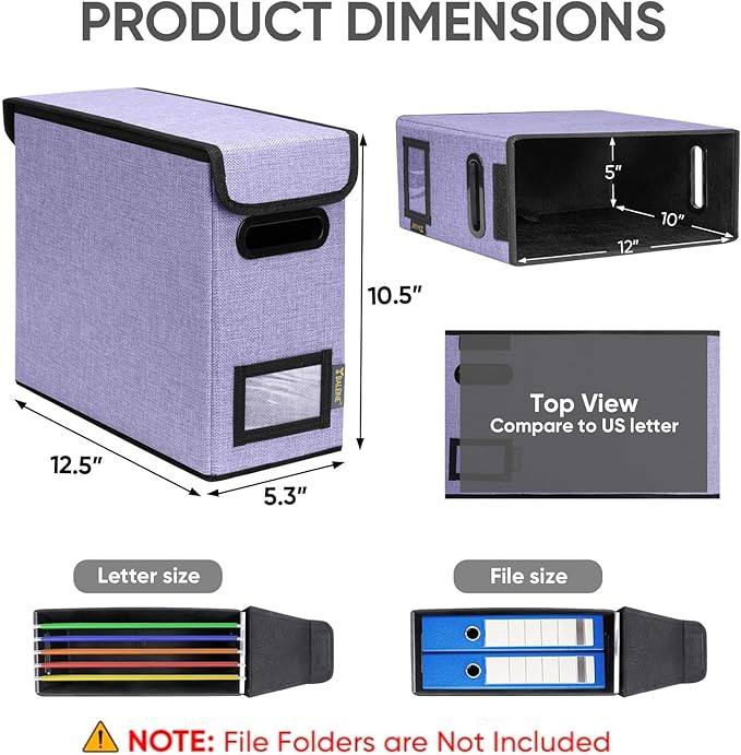 BALEINE File Organizer Box with Lid, Collapsible File Folder Organizer with Plastic Slide, Hanging File Folder Box for Office Document Storage (1 Pack, Purple, S)