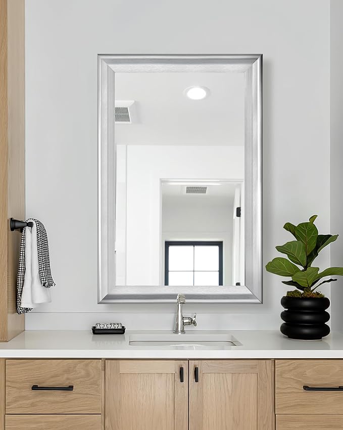 CULER Silver Wood Wall Mirror for Bathroom,Rectangle Rustic 24 x 36 inch Hanging Vanity Mirrors with Wooden Frame for Living Room,Bedroom,Entryway