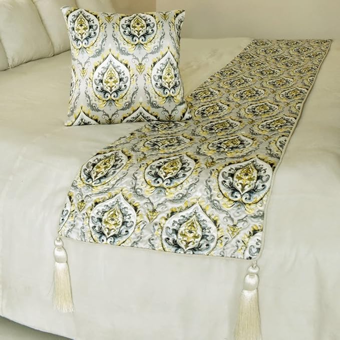 The HomeCentric King/Queen/Twin Grey & Yellow Designer King 90"x18" Bed Runner Without Pillow Cover, Quilted, Damask & Tassels Bed Scarf on Jacquard Fabric - Flamey Damask