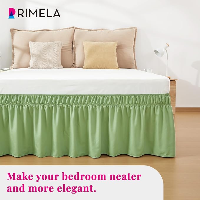 RIMELA Light Green Bed Skirt King Size 15 Inch Drop, Elastic Bed Skirting, Bedding Dust Ruffle Easy to Install, Lightweight Wrap Around Adjustable Bedskirt, Bedroom Decor