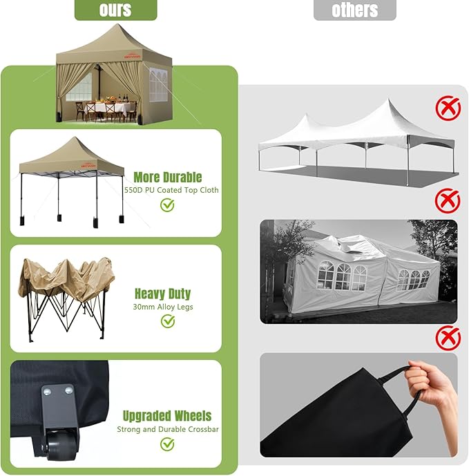 10x10 Heavy Duty Pop Up Canopy with 4 Sidewalls, 550D Commercial Easy Up Canopy Tent, Waterproof Outdoor Party Event Tent with Roller Bag, Khaki