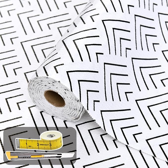 Shelf Liner for Kitchen Cabinets Non Adhesive Drawer Liner Non-Slip Thickened Shelf Liner Paper Strong Easy to Clean for Tool Box Refrigerator with Knife and Tape Measure, Black Arrow, 11.8 x 236.2 IN