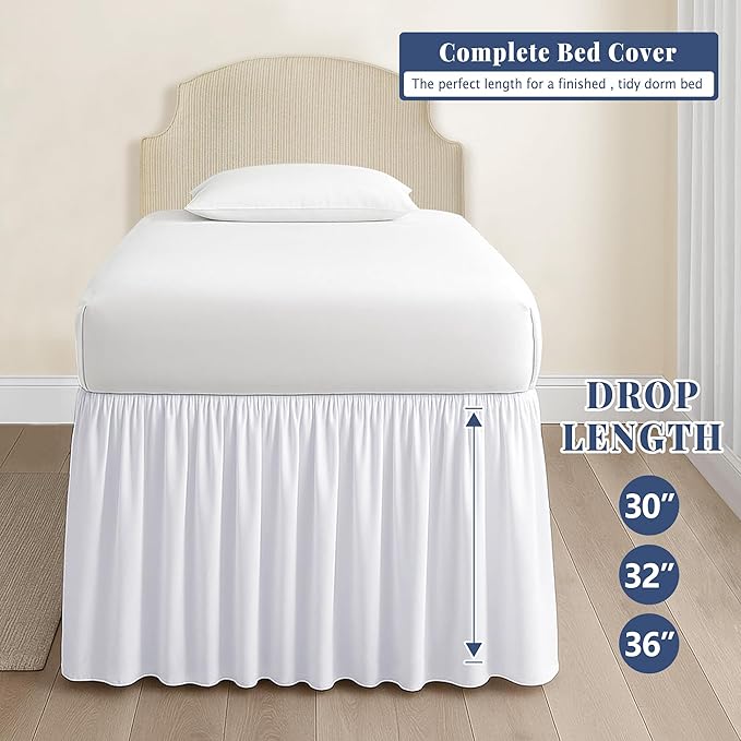 Dorm Bed Skirt Twin XL 30 Inch Drop, 100% Microfiber Extra Long College Dust Ruffle Bedskirt for Adjustable Beds, Elastic Wrap Around Design, White