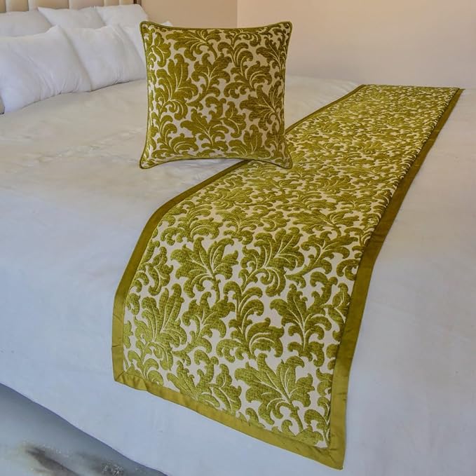 The HomeCentric King/Queen/Twin Chartreuse Decorative Full 68"x18" Bed Runner with 2 Pillow Cover, Velvet, Floral Pattern Bed Scarf on Velvet Fabric - Enchanted Chartreuse